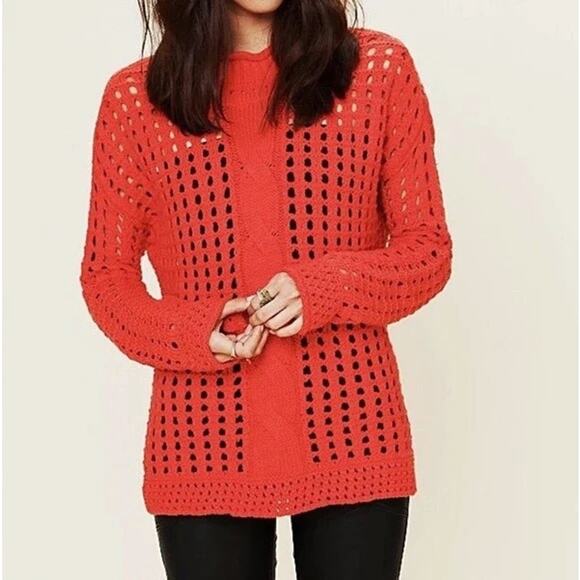 Free People Orange Red Oversized Chunky Open Knit Sweater Size S - Picture 1 of 11